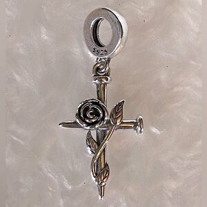 Charm for Pandora Bracelet Cross Made of Nails and a Rose Sterling Silver